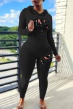 Pink Casual Print Letter Hooded Collar Long Sleeve Two Pieces