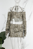 Camouflage Street Print Tassel Ripped Backless Halter Long Sleeve Two Pieces(Without Waist Chain)