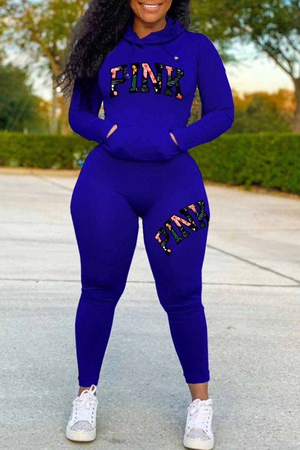 Blue Casual Print Letter Hooded Collar Long Sleeve Two Pieces