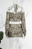 Camouflage Street Print Tassel Ripped Backless Halter Long Sleeve Two Pieces(Without Waist Chain)