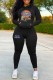 Black Casual Character Print Letter Hooded Collar Long Sleeve Two Pieces