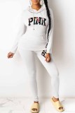 Pink Casual Print Letter Hooded Collar Long Sleeve Two Pieces
