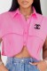 Pink Casual Print Letter Asymmetrical Turndown Collar Tops