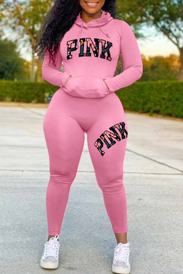 Pink Casual Print Letter Hooded Collar Long Sleeve Two Pieces