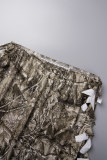 Camouflage Street Print Tassel Ripped Backless Halter Long Sleeve Two Pieces(Without Waist Chain)