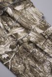 Camouflage Street Print Tassel Ripped Backless Halter Long Sleeve Two Pieces(Without Waist Chain)