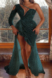 Red Elegant Solid Hollowed Out High Opening Fold Rhinestone Oblique Collar Irregular Dress Dresses