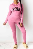 Pink Casual Print Letter Hooded Collar Long Sleeve Two Pieces