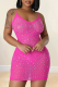 Pink Sexy Solid Patchwork Backless Mesh Hot Drill Spaghetti Strap One Step Skirt Dresses