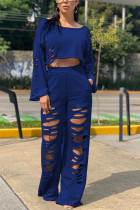 Dark Blue Casual Geometric pencil Long Sleeve Two Pieces