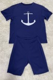 Deep Blue Casual Print Basic O Neck Short Sleeve Two Pieces
