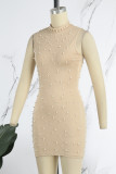 Apricot Sexy Patchwork Beading Half A Turtleneck Wrapped Skirt Dresses