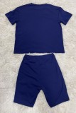 Deep Blue Casual Print Basic O Neck Short Sleeve Two Pieces