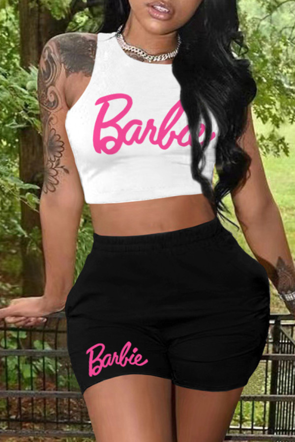 White Casual Letter Print Basic O Neck Sleeveless Two Pieces