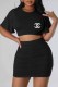 Black Casual Print Fold Letter O Neck Short Sleeve Two Pieces