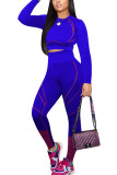 purple Fashion Sexy adult Ma'am Patchwork Print Two Piece Suits pencil Long Sleeve Two Pieces