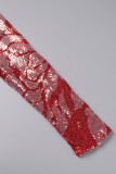 Red Sexy Patchwork Sequins Backless Slit Oblique Collar Irregular Dress Dresses