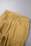 Earth Yellow Casual Letter Embroidery Ripped Patchwork O Neck Short Sleeve Two Pieces