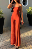 Red-brown Casual Solid Backless Strapless Regular Jumpsuits