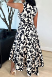 Black And White Casual Daily Elegant Simplicity Floral With Belt Asymmetrical Printing V Neck Dresses
