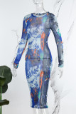 Blue Casual Print Basic O Neck Long Sleeve Dresses