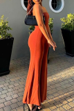Red-brown Casual Solid Backless Strapless Regular Jumpsuits