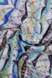 Blue Sexy Print Hollowed Out Backless Halter Sleeveless Dress Dresses