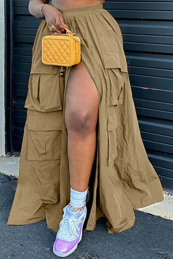 Khaki Street Solid Patchwork Pocket High Opening Loose High Waist Type A Solid Color Bottoms