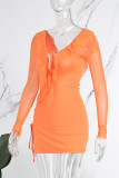 Rose Red Sexy Solid Frenulum Backless V Neck Long Sleeve Dresses
