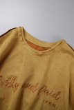 Earth Yellow Casual Letter Embroidery Ripped Patchwork O Neck Short Sleeve Two Pieces