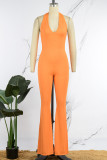 Green Sexy Solid Bandage Backless Halter Skinny Jumpsuits
