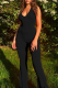 Black Sexy Solid Bandage Backless Halter Skinny Jumpsuits