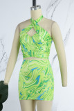 Green Sexy Print Hollowed Out Backless Halter Sleeveless Two Pieces