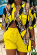 Yellow Casual Print Patchwork Buttons Shirt Collar Short Sleeve Two Pieces
