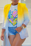 Yellow Daily Elegant Simplicity Basis Gradual Change Printing Turn-back Collar Outerwear