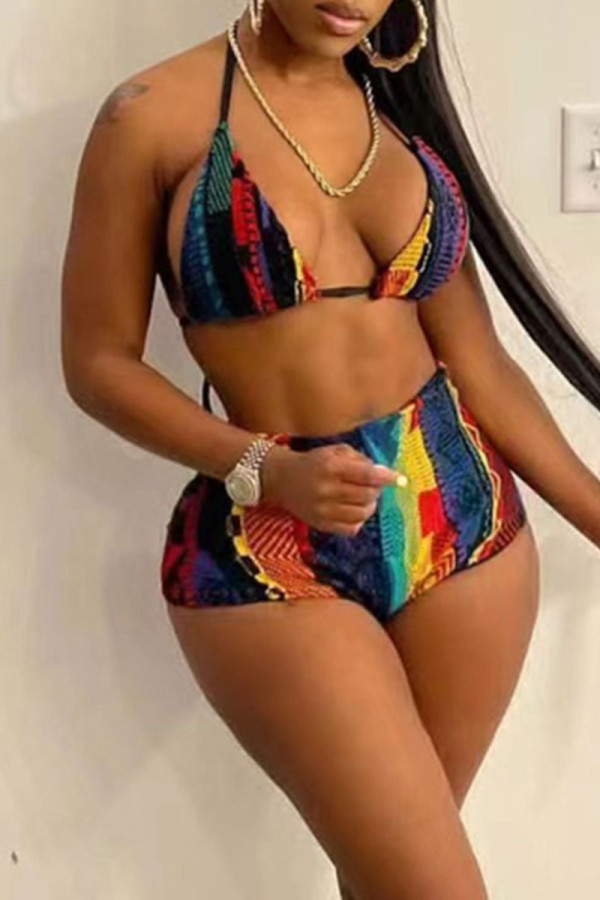 Colour Sexy Print Patchwork Backless Swimwears