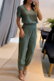 Blue Casual Print Patchwork V Neck Short Sleeve Two Pieces