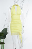 Yellow Sexy Solid Backless Fold Halter Sleeveless Dress Dresses