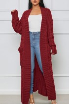 Burgundy Casual Street Solid Slit Cardigan Weave Outerwear