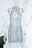 Blue Sexy Print Hollowed Out Backless Halter Sleeveless Dress Dresses
