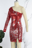 Red Sexy Patchwork Sequins Backless Slit Oblique Collar Irregular Dress Dresses
