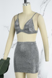 Silver Sexy Solid Backless Spaghetti Strap Sleeveless Two Pieces