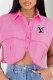 Pink Casual Print Letter Asymmetrical Turndown Collar Tops