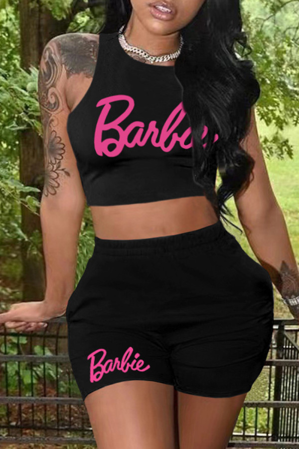 Black Casual Letter Print Basic O Neck Sleeveless Two Pieces
