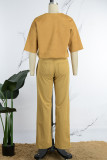 Earth Yellow Casual Letter Embroidery Ripped Patchwork O Neck Short Sleeve Two Pieces