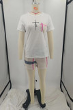 White Casual Print Basic O Neck Short Sleeve Two Pieces
