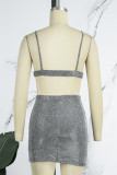 Silver Sexy Solid Backless Spaghetti Strap Sleeveless Two Pieces