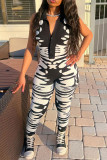 Black White Street Print Patchwork Buckle Turndown Collar Skinny Jumpsuits