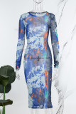 Blue Casual Print Basic O Neck Long Sleeve Dresses