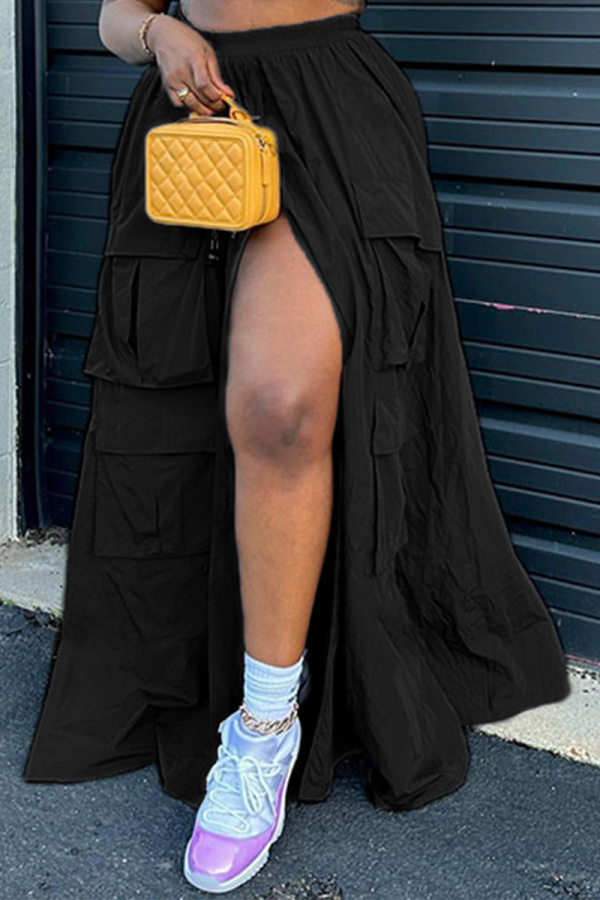 Black Street Solid Patchwork Pocket High Opening Loose High Waist Type A Solid Color Bottoms